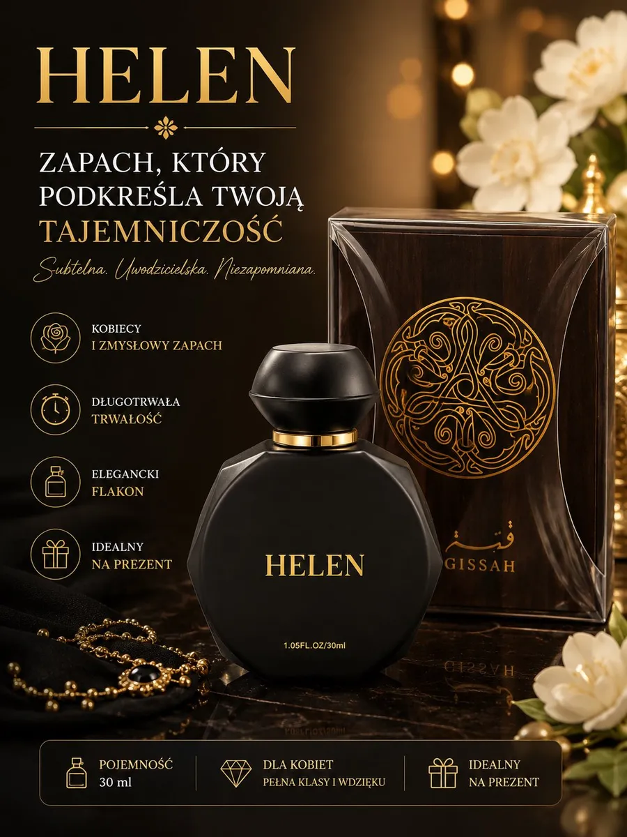 Czarny matowy flakon perfum Helen 30ml z złotym napisem i eleganckie drewniane opakowanie