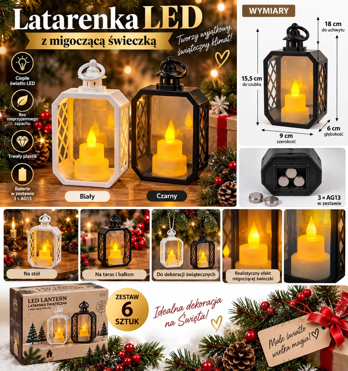Latarenki LED biała i czarna z migoczącą świeczką, wymiary 18x9x6 cm, zestaw 6 sztuk