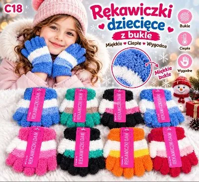 kolorowe rękawiczki dziecięce z miękkiego bukle w paski, różne kolory, opakowanie z napisem rękawiczki dziecięce