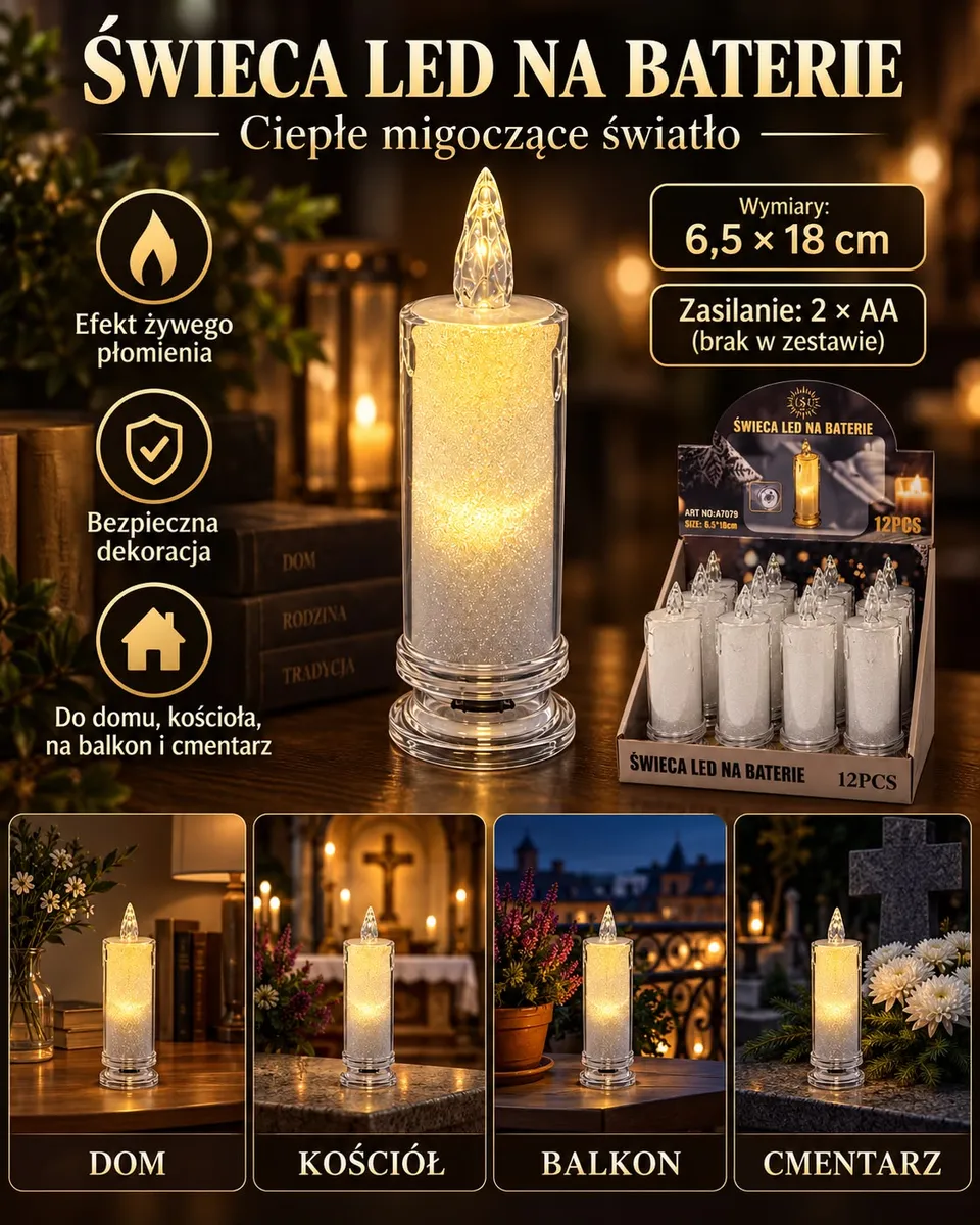 Świeca LED na baterie 18 cm z migoczącym płomieniem i przezroczystą obudową