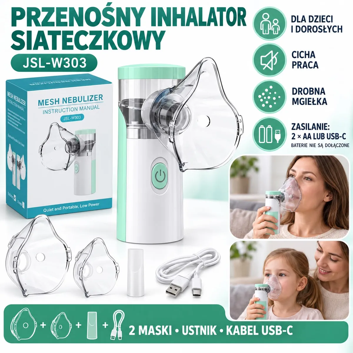 Przenośny inhalator siateczkowy JSL-W303 z maskami, ustnikiem i kablem USB-C, używany przez kobietę i dziecko