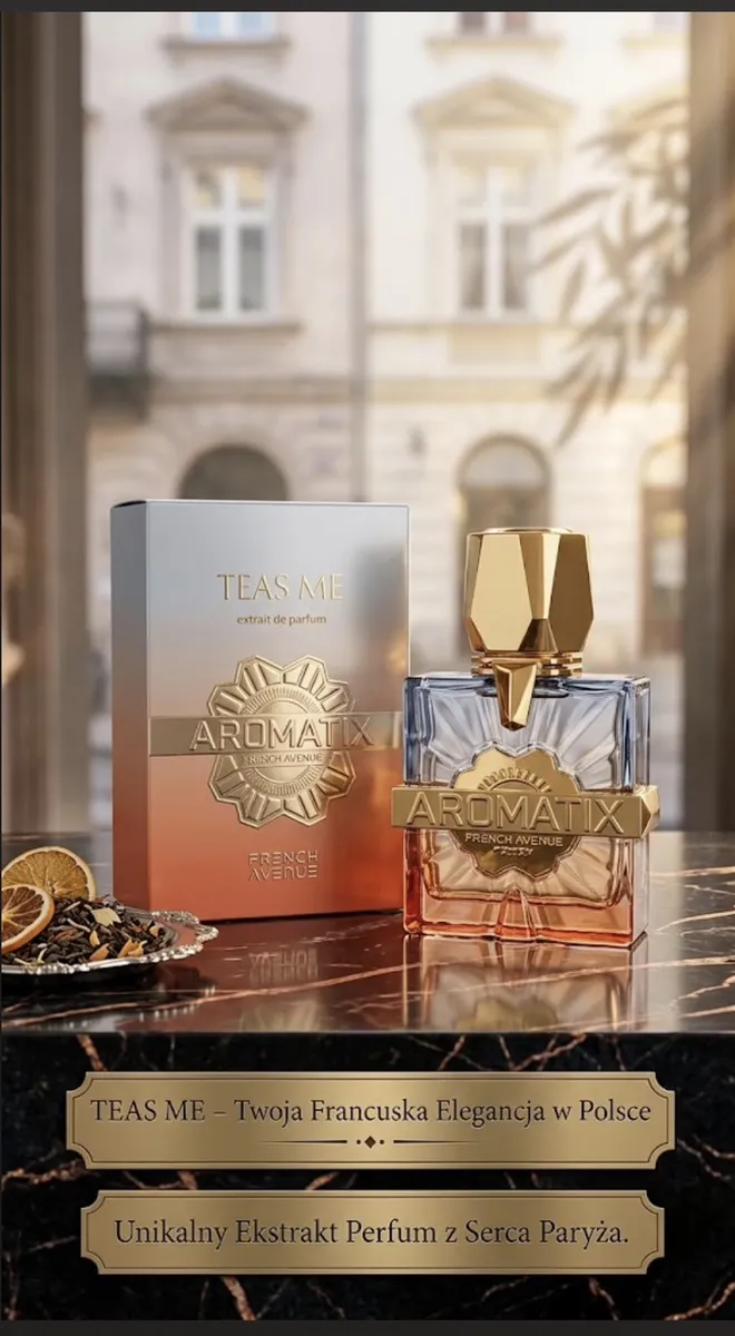 Flakon perfum Aromatix Teas Me 30 ml z gradientem pomarańczowo-przezroczystym i złotym korkiem obok kartonu