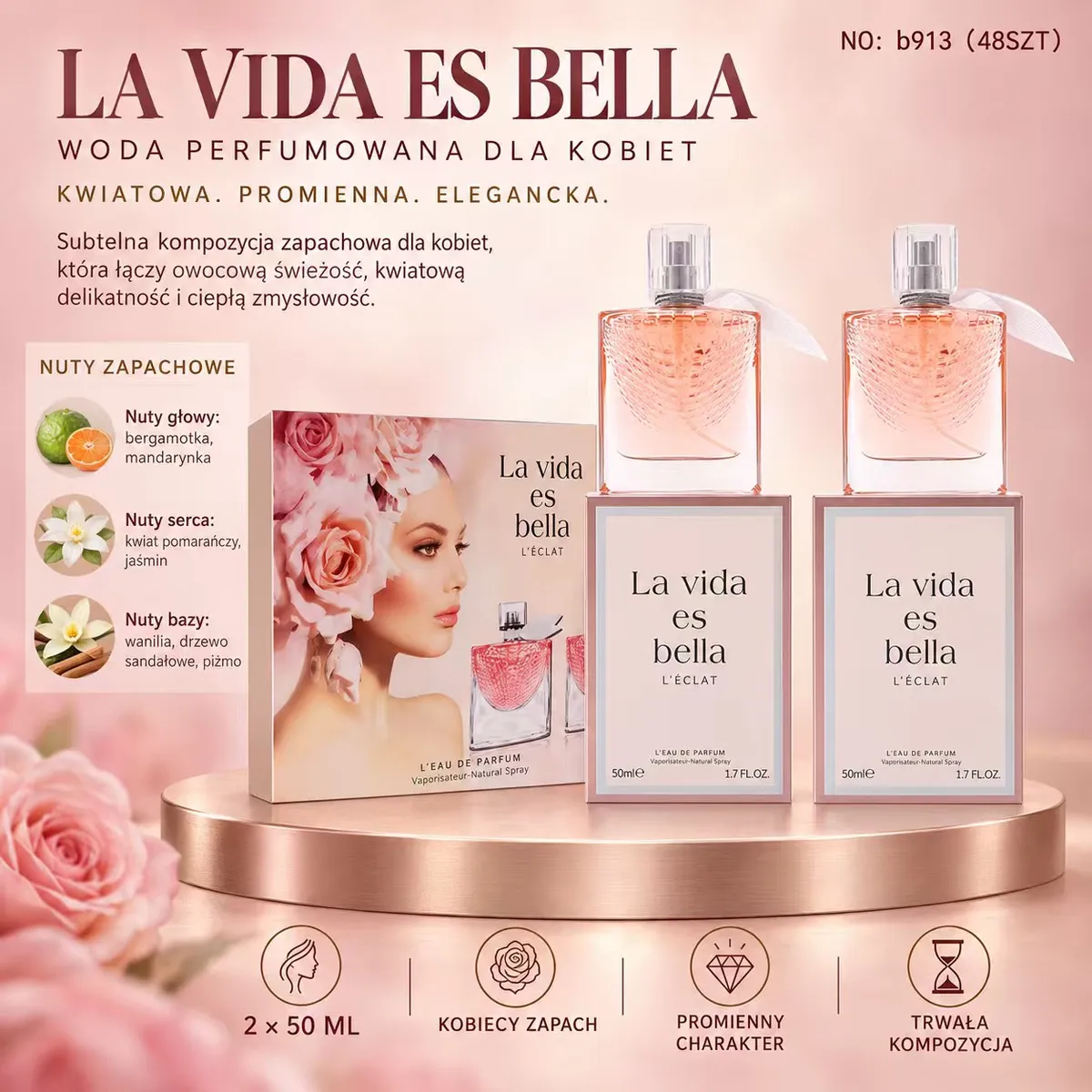 Zestaw dwóch perfum damskich La Vida Es Bella 2x50 ml w różowych butelkach z pudełkiem i grafiką kobiety