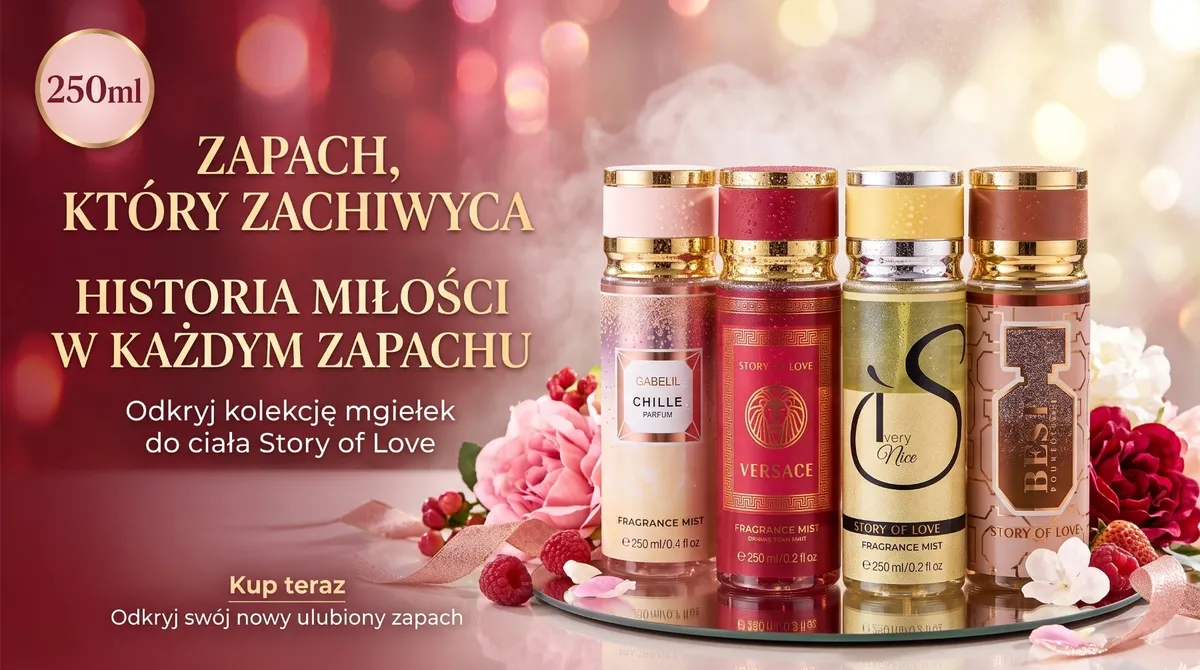 cztery butelki mgiełki do ciała 250ml w różnych kolorach z kolekcji Story of Love