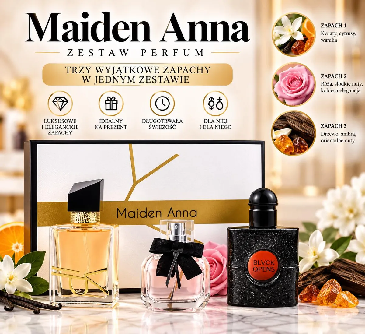 Zestaw trzech perfum Maiden Anna w eleganckim pudełku z białym i złotym motywem