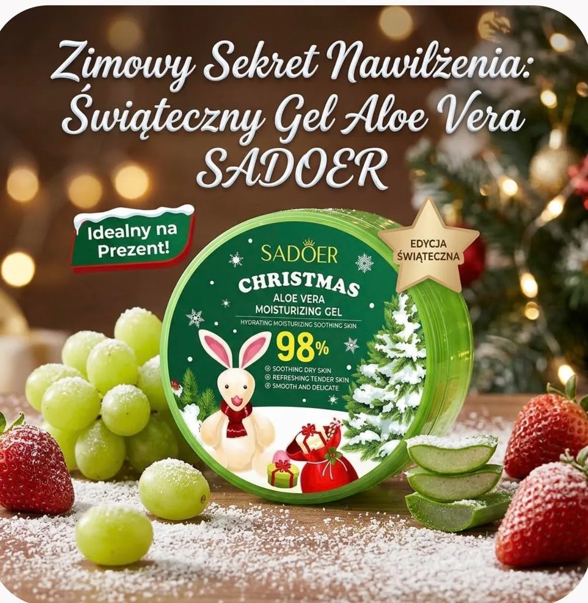 zielone opakowanie żelu Aloe Vera SADOER Christmas z motywem świątecznym i zającem na tle owoców i śniegu