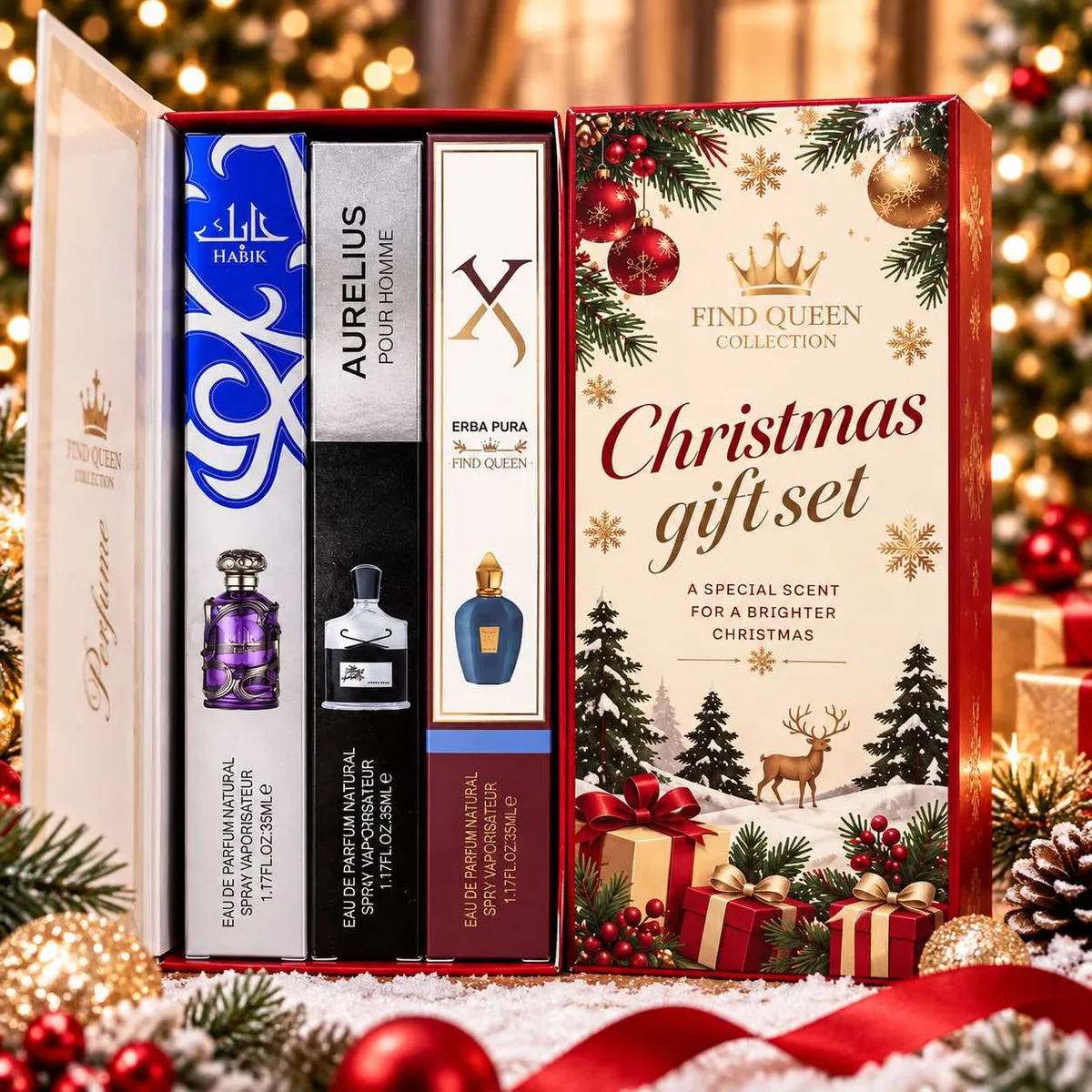 Zestaw trzech perfumetek 35 ml w świątecznym pudełku z motywem choinek i prezentów