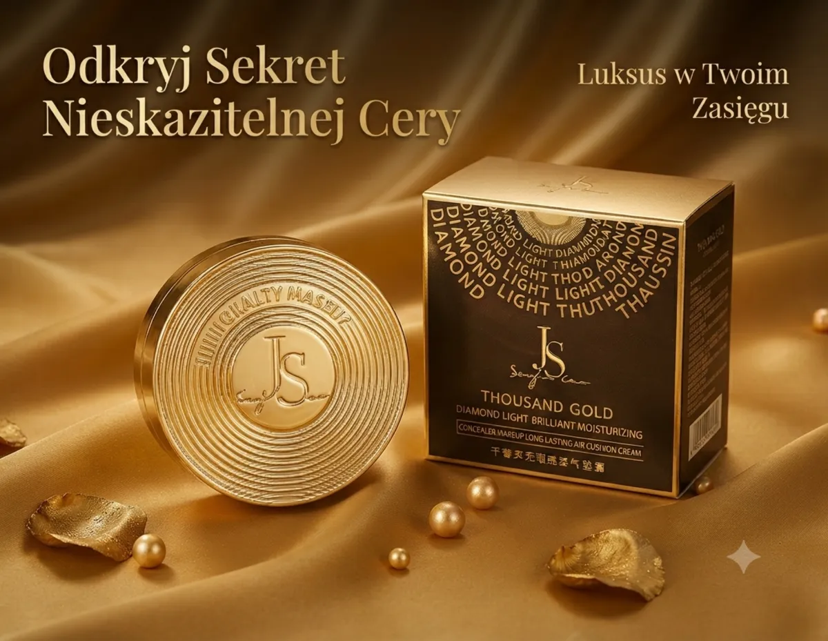 Złoty podkład w poduszce Thousand Gold Diamond Light z eleganckim opakowaniem i tłoczonym logo JS