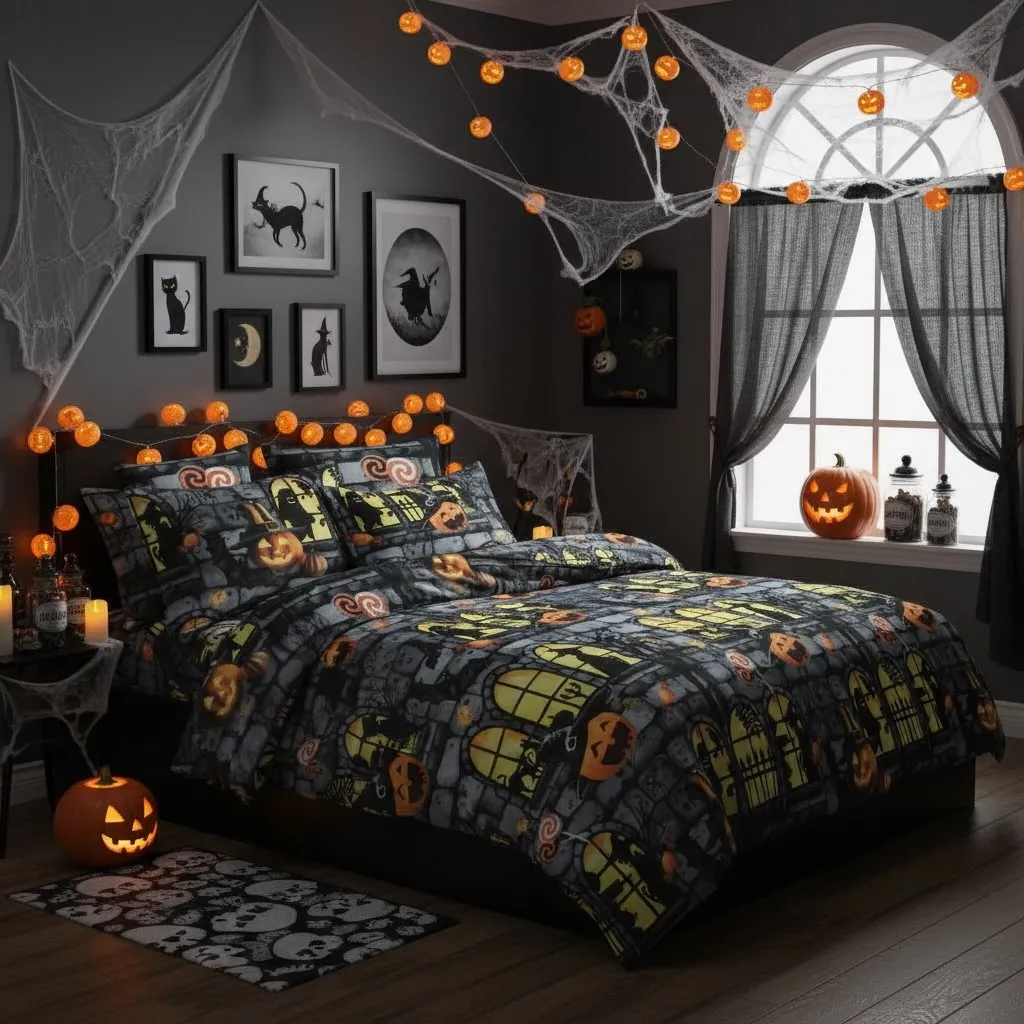 Pościel 3D Halloween z dyniami i czarownicami na łóżku w ciemnym pokoju z dekoracjami halloweenowymi
