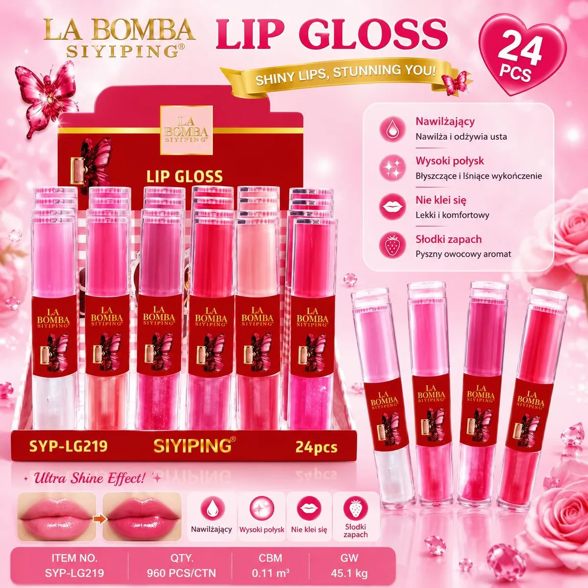 Pomadki La Bomba Lip Gloss w transparentnych tubkach z czerwonymi etykietami i motywem motyla, 24 sztuki w opakowaniu