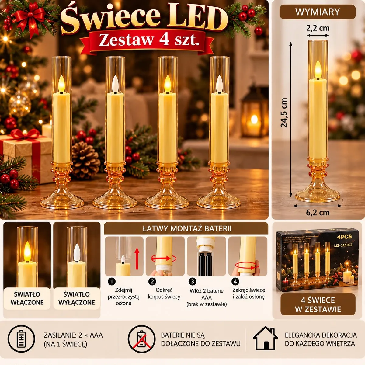 Zestaw 4 złotych świec LED w przezroczystych świecznikach o wysokości 24,5 cm