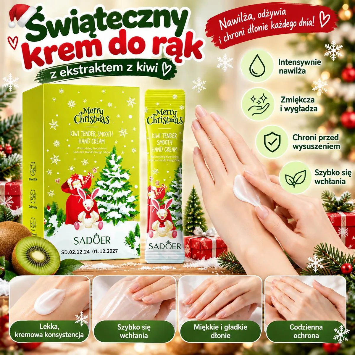 Świąteczny krem do rąk Sadoer z ekstraktem z kiwi w zielonym opakowaniu z choinką i prezentami