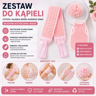 różowy zestaw do kąpieli z paskiem do pleców, myjką rękawicą i gąbką kąpielową