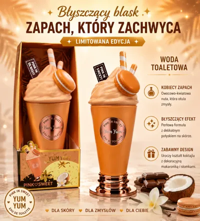 Woda toaletowa Yum Yum 200ml w opakowaniu przypominającym szklankę koktajlową z makaronikiem i słomkami