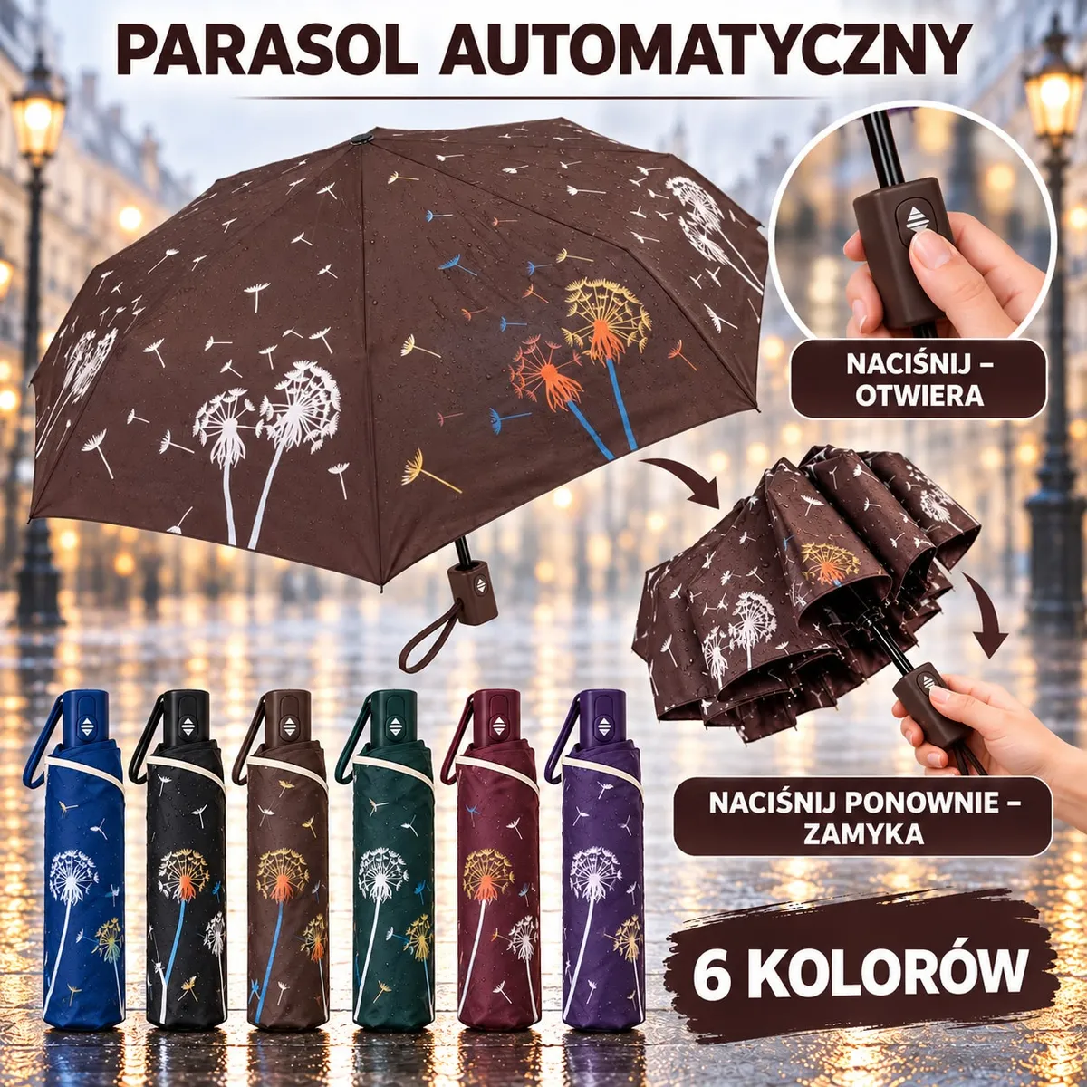 Składany parasol automatyczny z motywem dmuchawca w 6 kolorach, pokazany otwarty i złożony