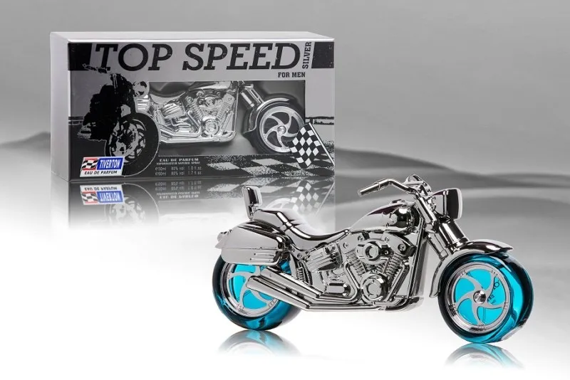 Perfum w kształcie srebrnego motocykla z niebieskimi kołami i opakowanie z motywem wyścigowym