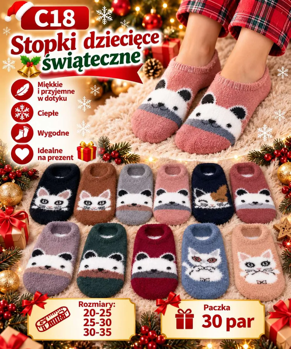 Stopki dziecięce świąteczne w różnych kolorach z motywami zwierząt, miękkie i ciepłe