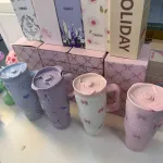 Kubek termiczny 1200ml pastelowy z motywem kokardek i motyli