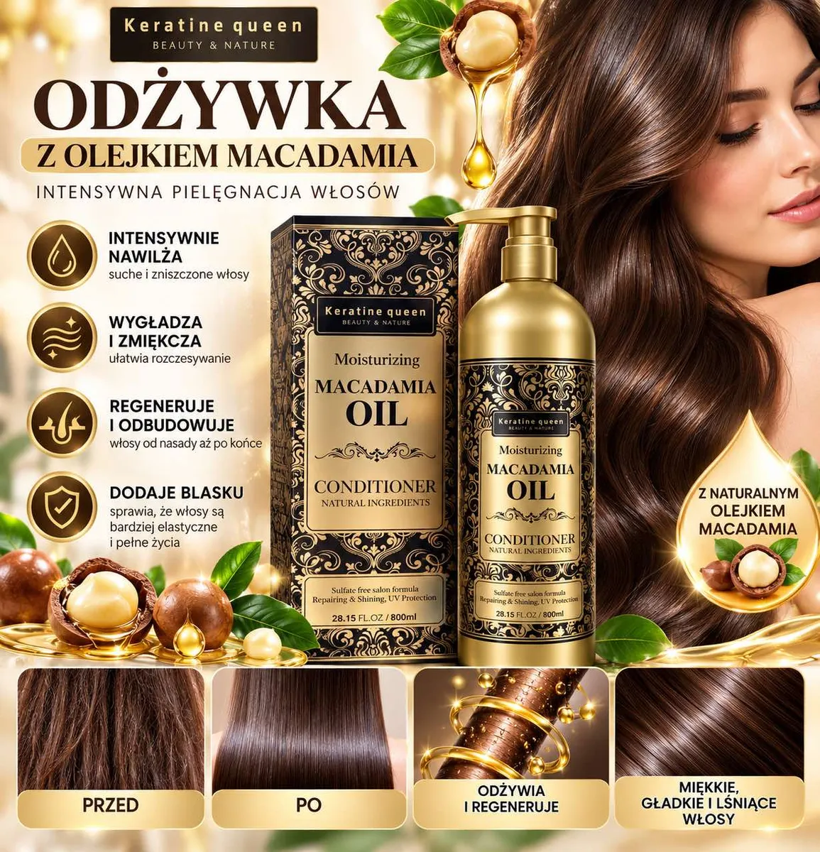 Butelka odżywki Keratine Queen z olejkiem macadamia 800 ml w złoto-czarnym opakowaniu z pompką