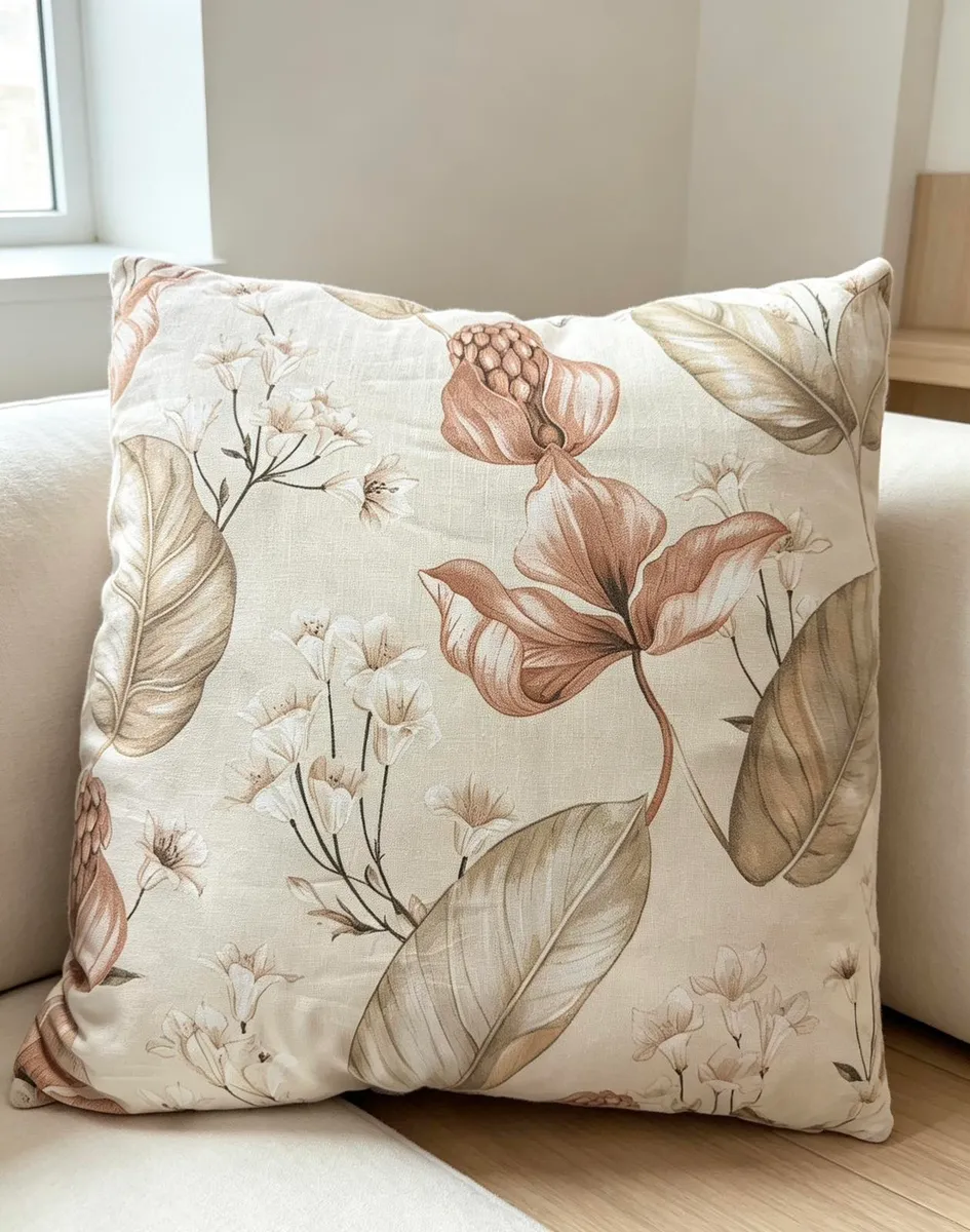 Poszewka dekoracyjna 40x40 cm z kwiatowym wzorem w beżowo-brązowych kolorach na jasnym tle
