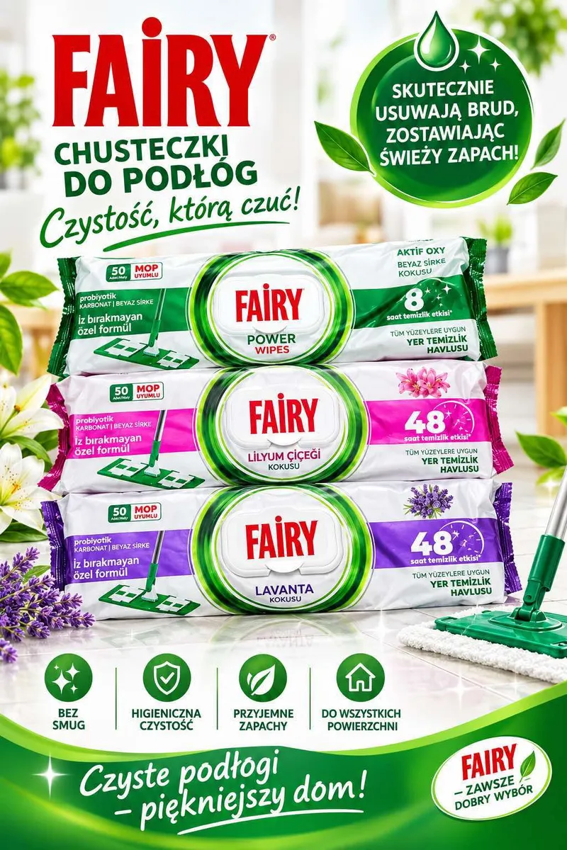 opakowania ścierki do podłóg Fairy w trzech wariantach zapachowych z mopem na tle kwiatów i zieleni