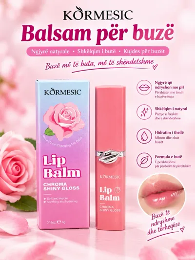 Balsam do ust KORMESIC w różowym opakowaniu z motywem róży i pudełko z opisem produktu
