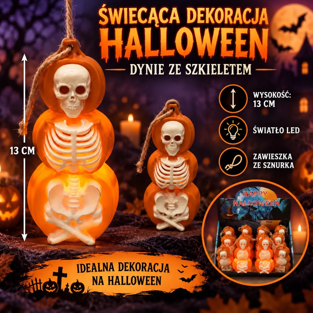 Pomarańczowa świecąca dekoracja LED dynia ze szkieletem o wysokości 13 cm z zawieszką ze sznurka
