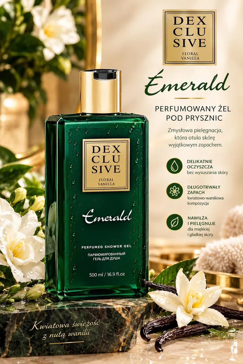 Butelka perfumowanego żelu pod prysznic Emerald Floral Vanilla 500 ml w zielonym opakowaniu ze złotą nakrętką