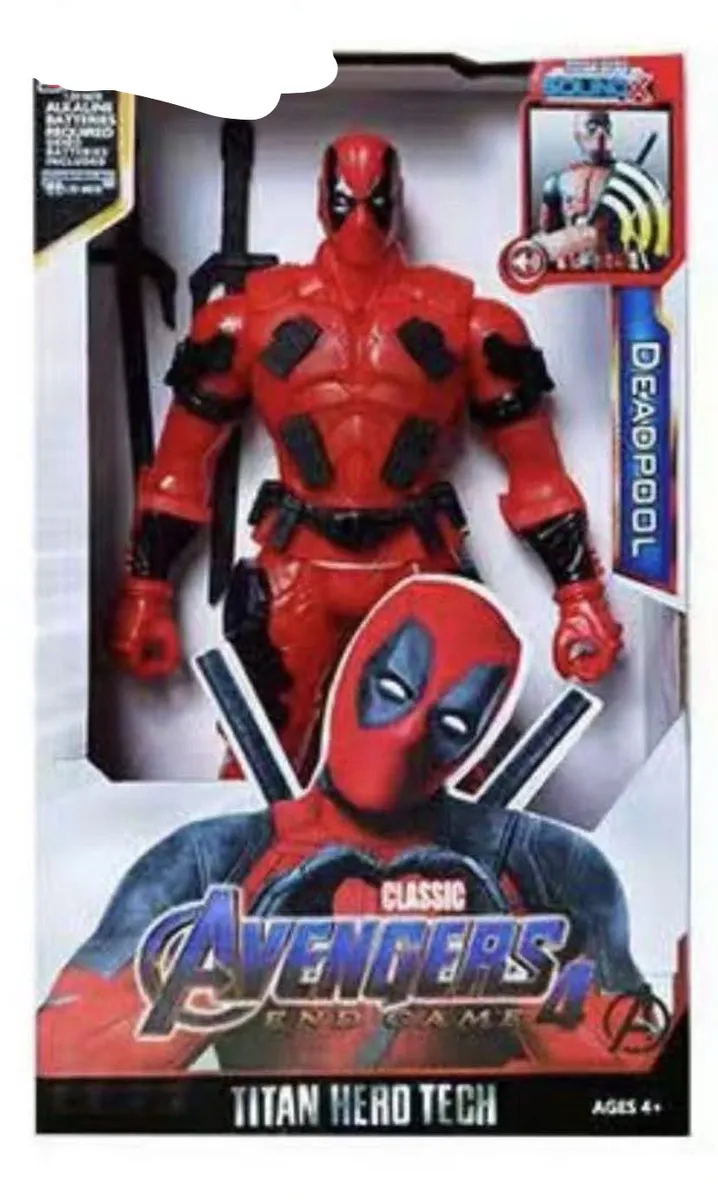 Figurka Deadpool w czerwonym stroju z czarnymi detalami, miecze i tarcza w opakowaniu Avengers Endgame