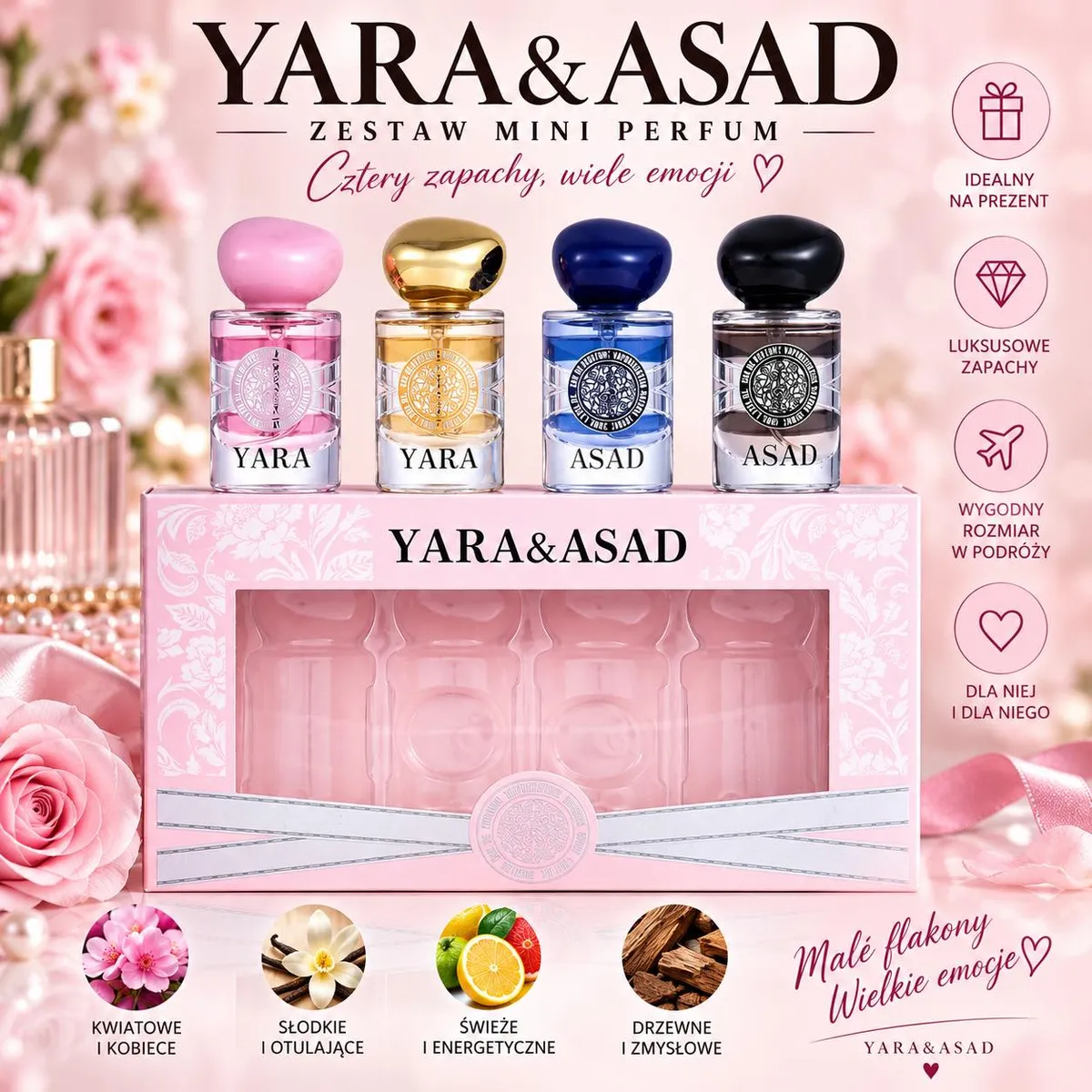 Zestaw czterech mini perfum YARA & ASAD w różowym opakowaniu z przezroczystym okienkiem