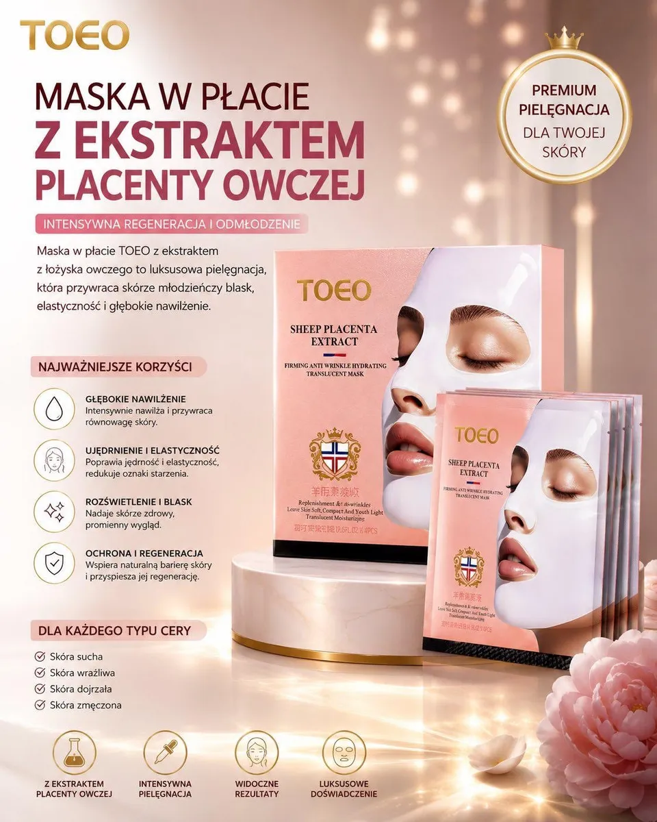 Opakowanie różowo-złote maski w płacie TOEO z białą maską na twarzy i kwiatami w tle