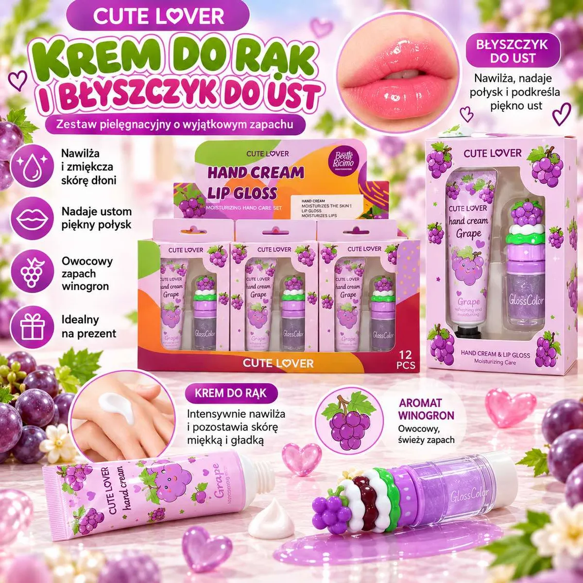 Zestaw kosmetyków Cute Lover krem do rąk i błyszczyk do ust z motywem winogron w pastelowym opakowaniu