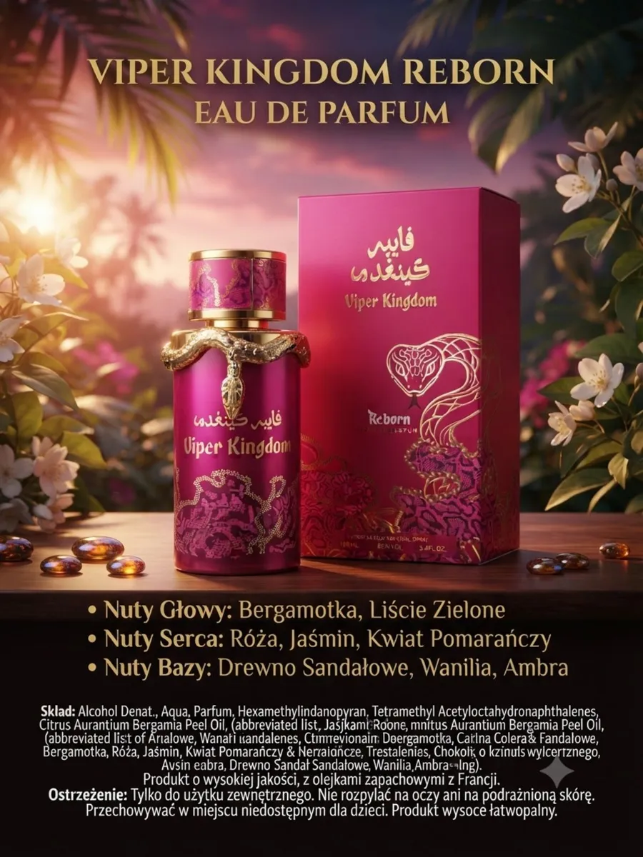Butelka perfum VIPER KINGDOM REBORN w fioletowo-różowym flakonie ze złotym zdobieniem w kształcie węża i pudełko w tym samym