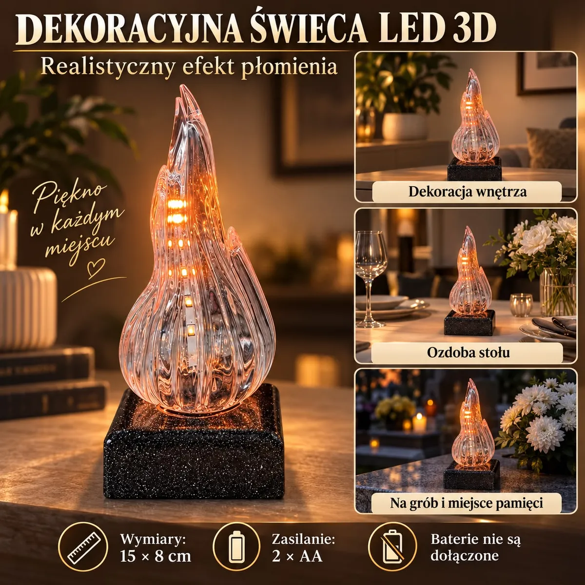 Przezroczysta świeca LED 3D z efektem płomienia na czarnej podstawie ustawiona na stole