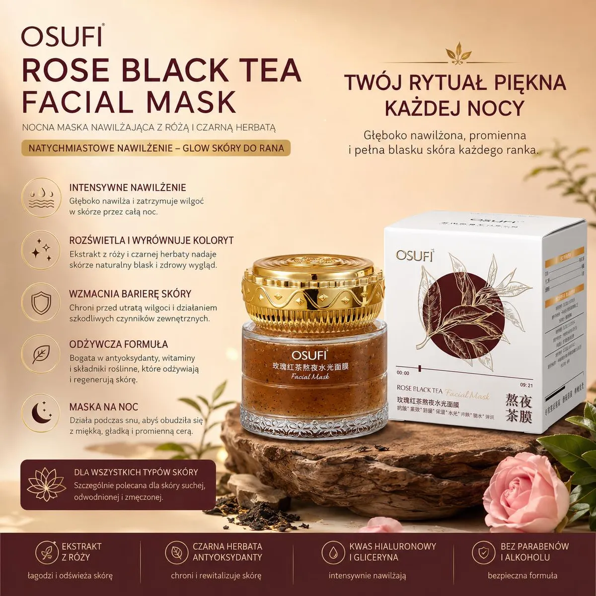 Złocisty słoiczek z nocną maską OSUFI Rose Black Tea i kartonik z grafiką liści na drewnianej podstawce