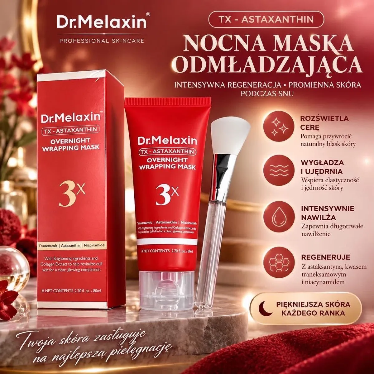 Czerwona tubka i kartonik nocnej maski Dr.Melaxin TX-Astaxanthin 80 ml z aplikatorem silikonowym