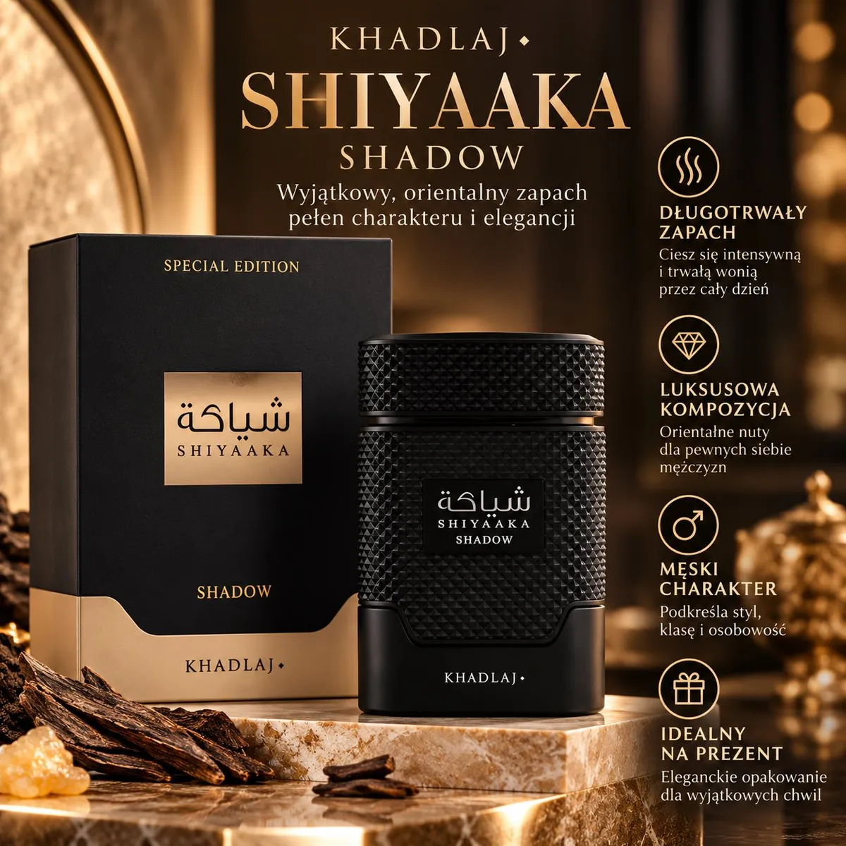 Czarny flakon perfum Khadlaj Shiyaaka Shadow 100 ml z fakturą diamentowych wypustek i eleganckie opakowanie