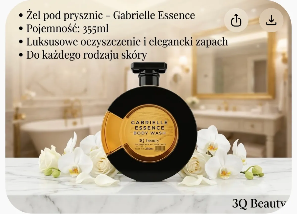 Butelka żelu pod prysznic Gabrielle Essence czarna z bursztynowym okienkiem 355 ml na marmurowym blacie