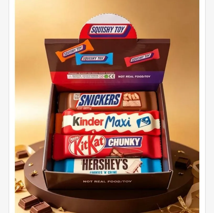 Zestaw czterech miękkich zabawek squishy imitujących batoniki Snickers, Kinder Maxi, KitKat Chunky i Hershey's