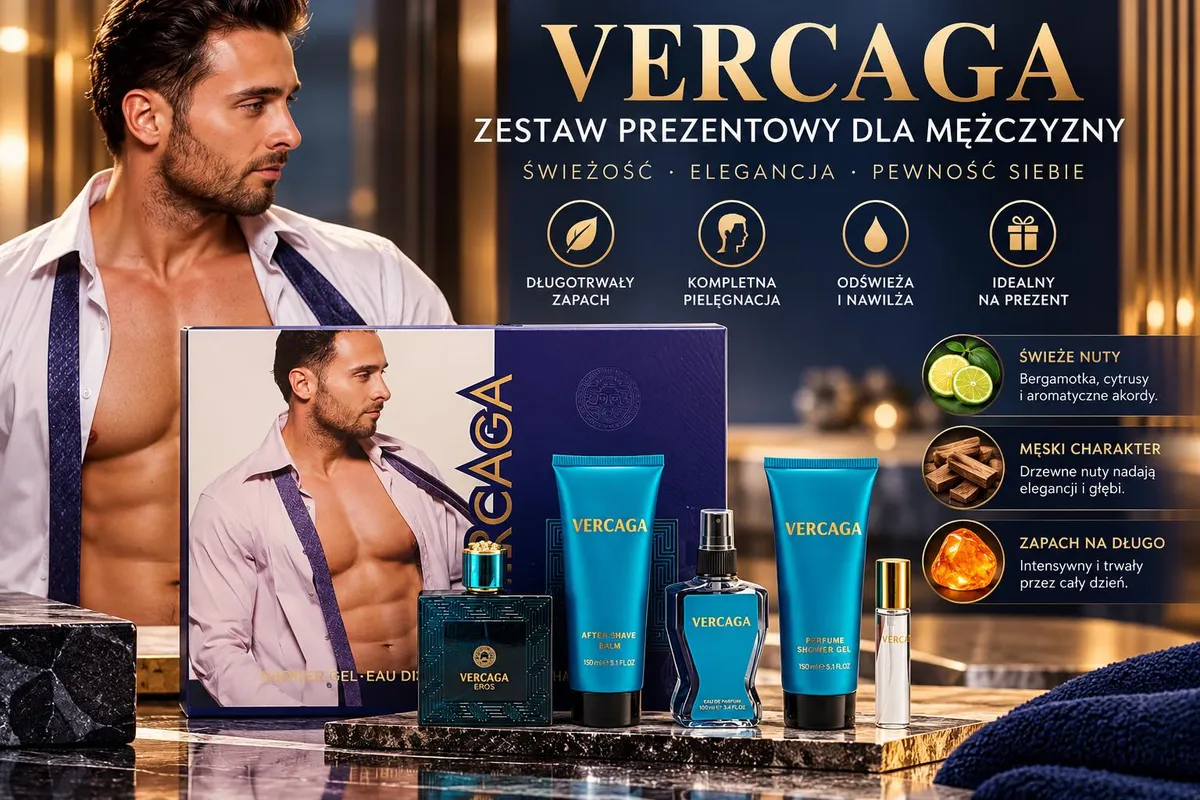 Zestaw prezentowy VERCAGA dla mężczyzny z kosmetykami w granatowo-złotym opakowaniu i męskim modelem