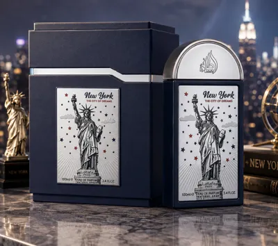 Butelka perfum New York The City of Dreams 100ml granatowa z grafiką Statuy Wolności i srebrnym wieczkiem