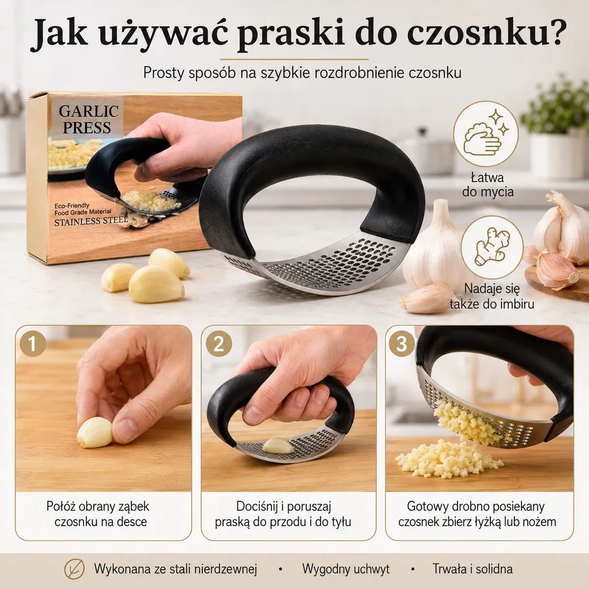 czarna praska do czosnku ze stali nierdzewnej z ergonomicznym uchwytem i instrukcją użycia