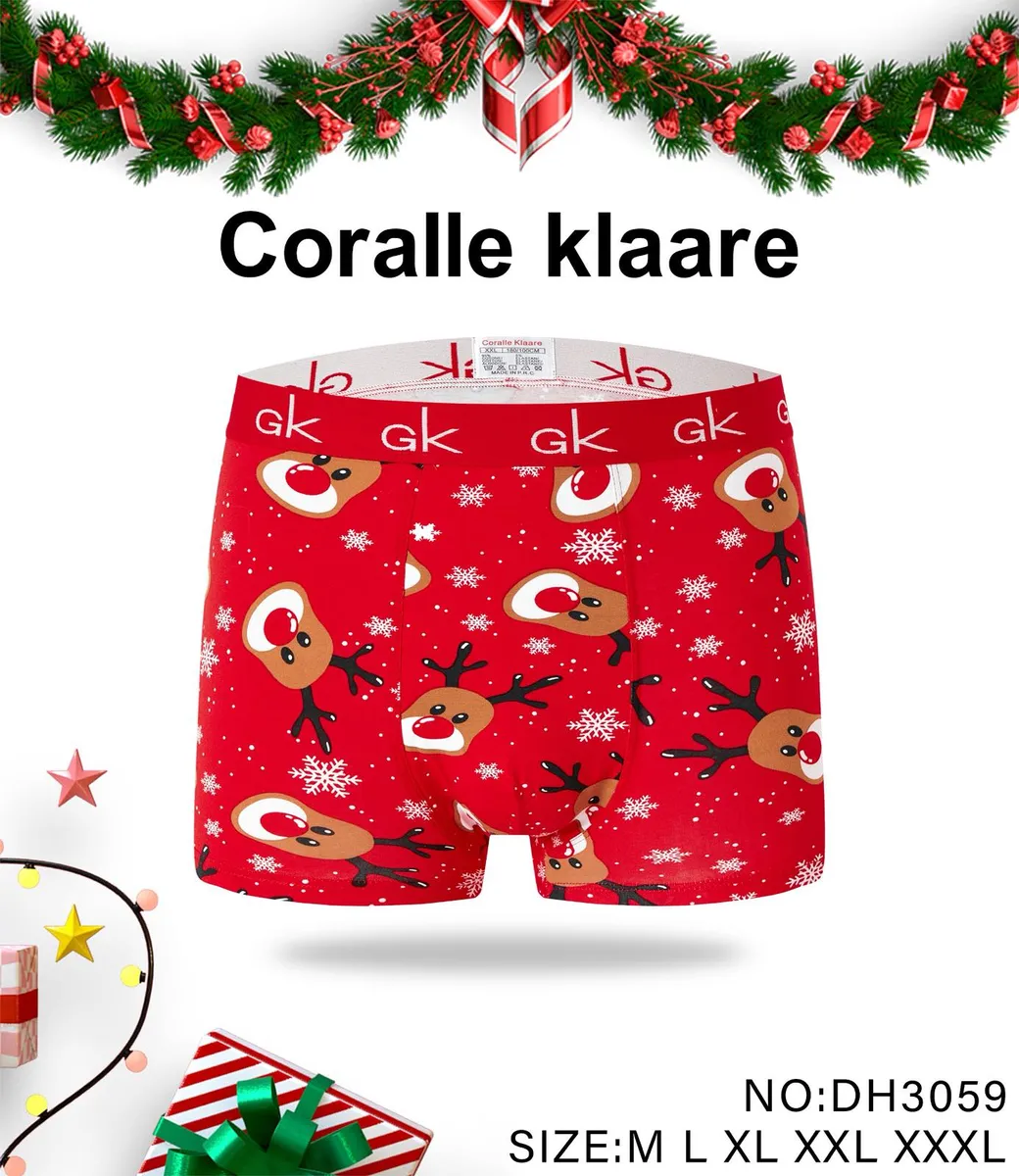 Czerwone bokserki męskie z nadrukiem reniferów i śnieżynek, szeroka guma w pasie z napisem gk