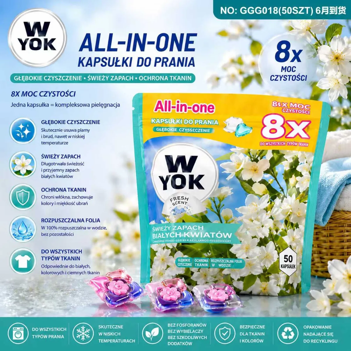Opakowanie kapsułek do prania W YOK All-in-One z motywem białych kwiatów i 50 kapsułek na stole