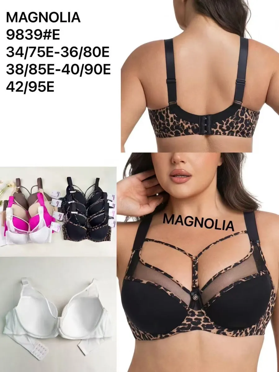 Biustonosz damski Magnolia z panterkowym wzorem i ozdobnym paskiem na dekolcie, czarne ramiączka, zapięcie na haftki