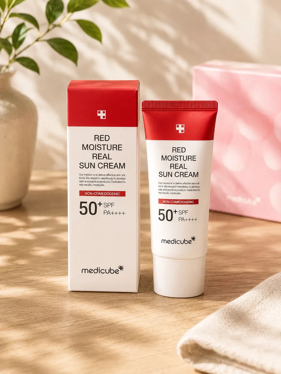 Krem do twarzy Medicube Red Moisture Real Sun Cream SPF50+ w białej tubce z czerwonym wieczkiem i opakowanie na drewnianym st