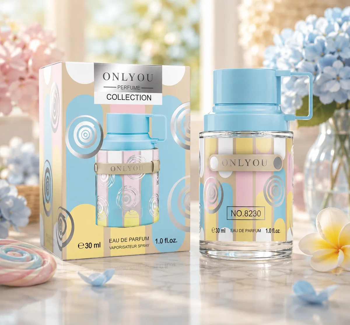Butelka perfum OnlyYou Collection 30ml z niebieską nakrętką i pastelowym wzorem obok pudełka