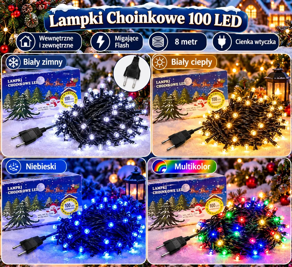 Lampki choinkowe LED 100 sztuk w czterech kolorach: biały zimny, biały ciepły, niebieski i multikolor z czarnym przewodem i c