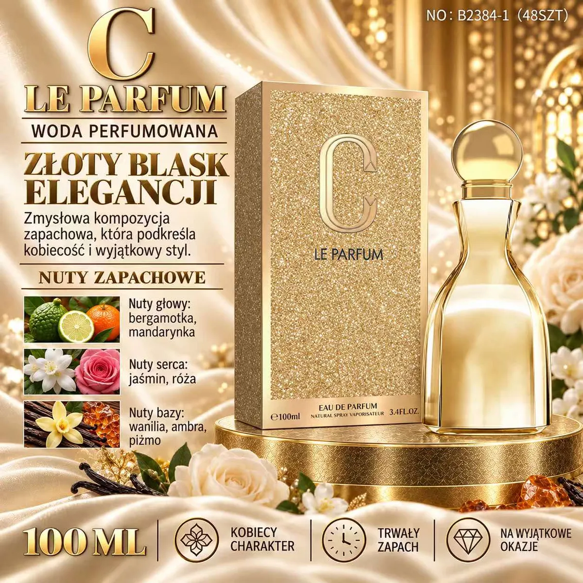 Butelka wody perfumowanej i złoty brokatowy kartonik Le Parfum 100 ml