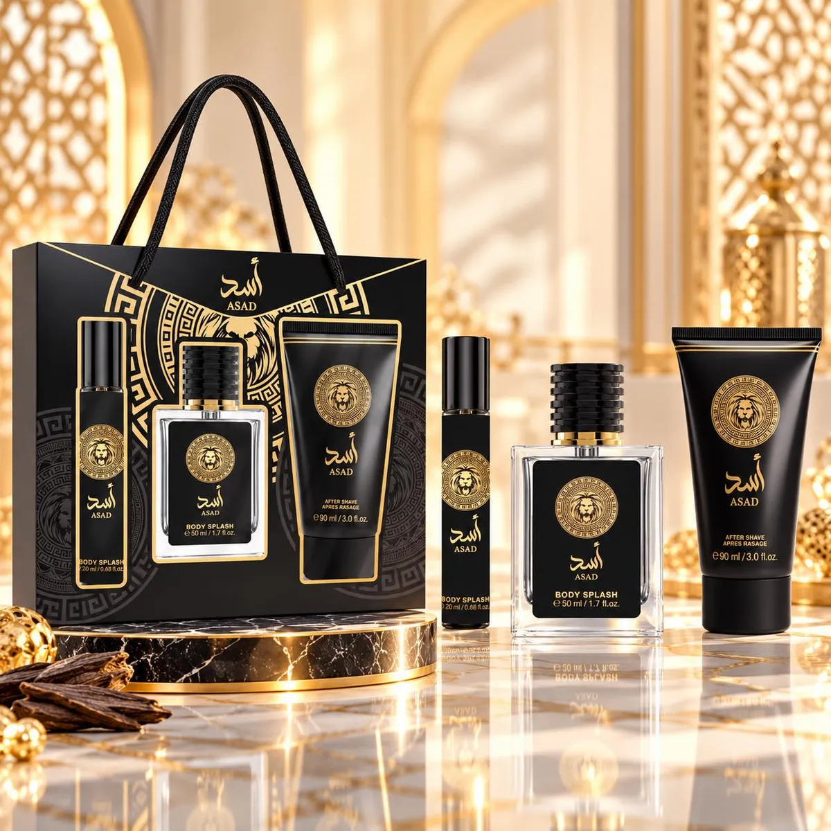 Zestaw kosmetyków ASAD Body Splash 50 ml, atomizer 20 ml i balsam 90 ml w czarno-złotym opakowaniu z torbą prezentową